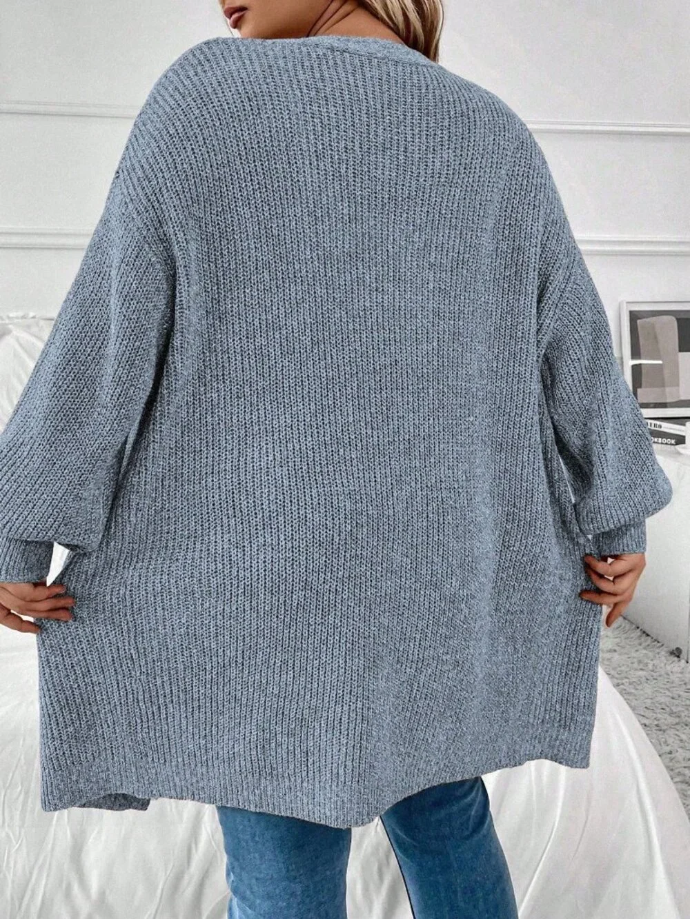Blue Casual Women's Plus Size Loose Dropped Shoulder Long Sleeve Cardigan